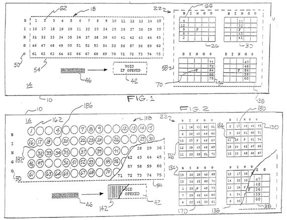 Figures 1 and 2 illustrating a bingo-style lottery ticket.