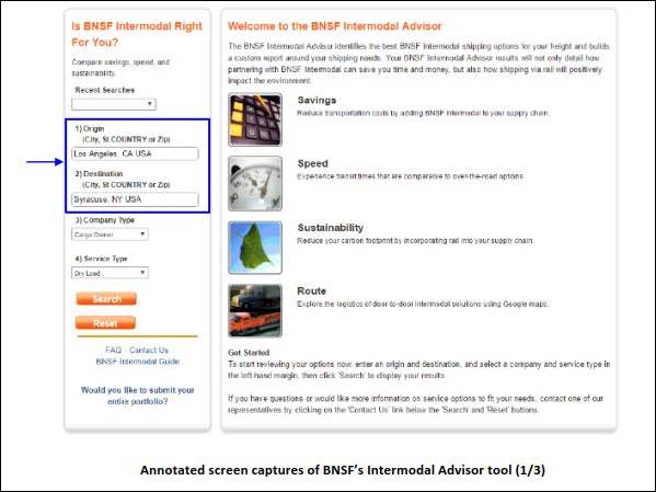 Capture d’écran annotée de l’outil Intermodal Advisor de BNSF (1/3).
L’annotation porte l’attention sur les menus déroulants de l’origine et de la destination, sous la rubrique « Is BNSF Intermodal Right for You? » [BNSF Intermodal est-elle la bonne solution pour vous?].
